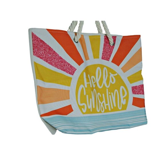 Hello Sunshine Print Beach Tote Shopping Bag Bright Glitter Double Rope Handle - Picture 2 of 11